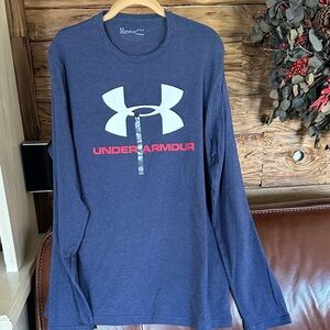Under Armour Men's Blue Long Sleeve Tee with Red Logo